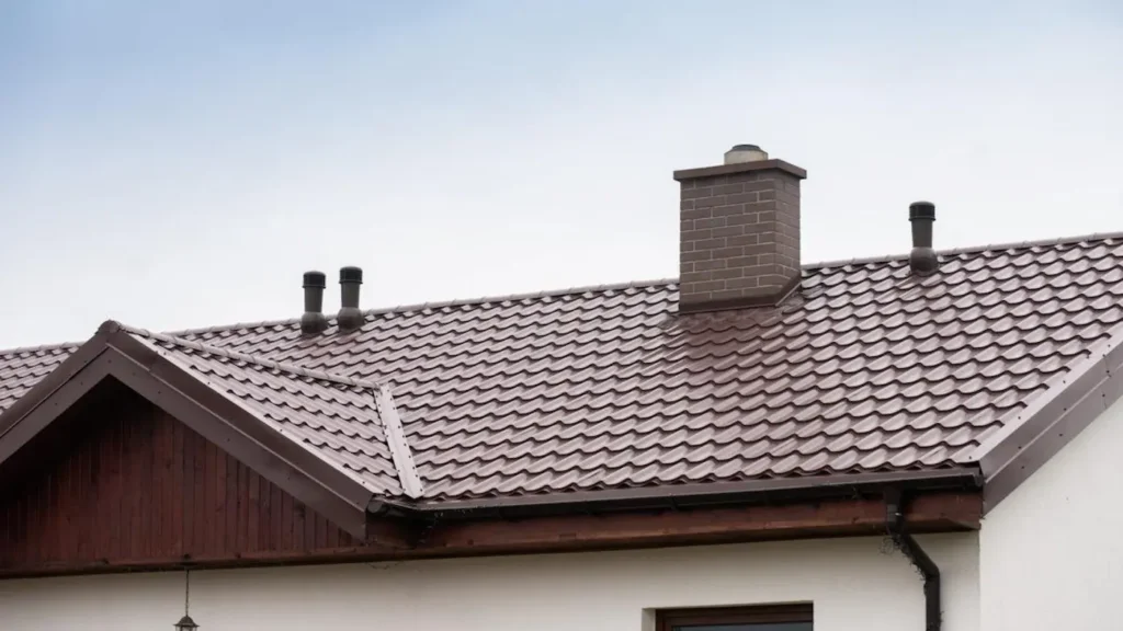 Maison individuelle équipée d’une toiture en bac acier imitation tuile marron avec faîtage